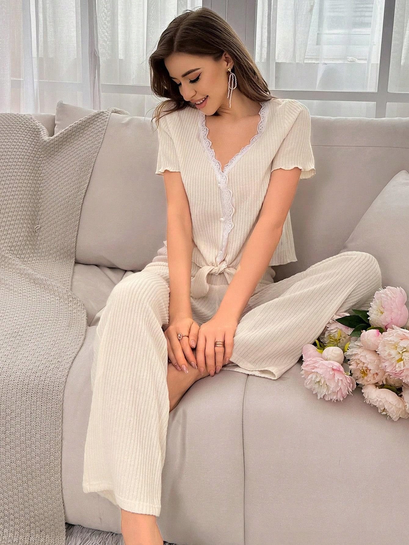 SHEIN Lounge Ribbed Knit Lace Trim Set