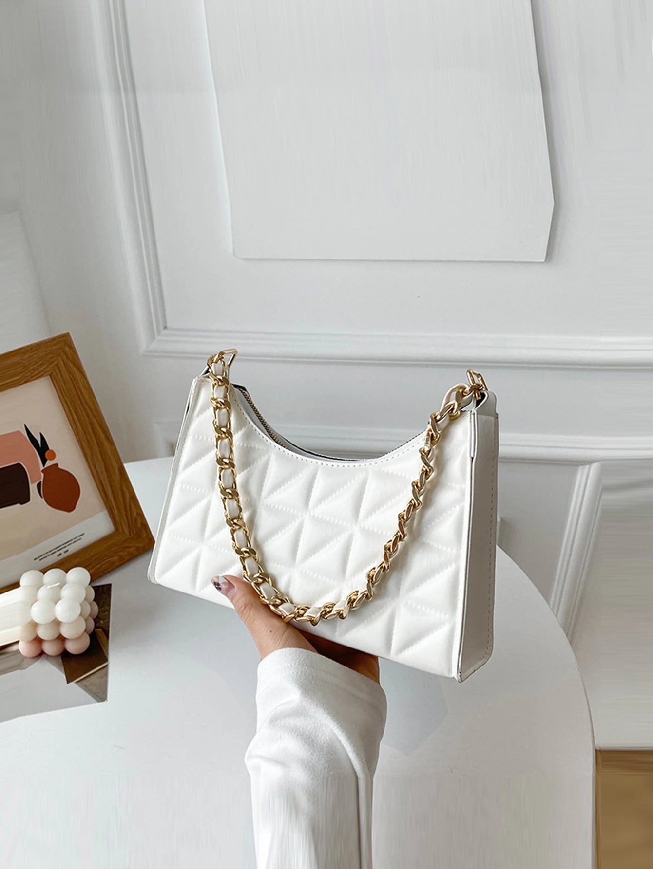 SHEIN Quilted Chain Baguette Bag