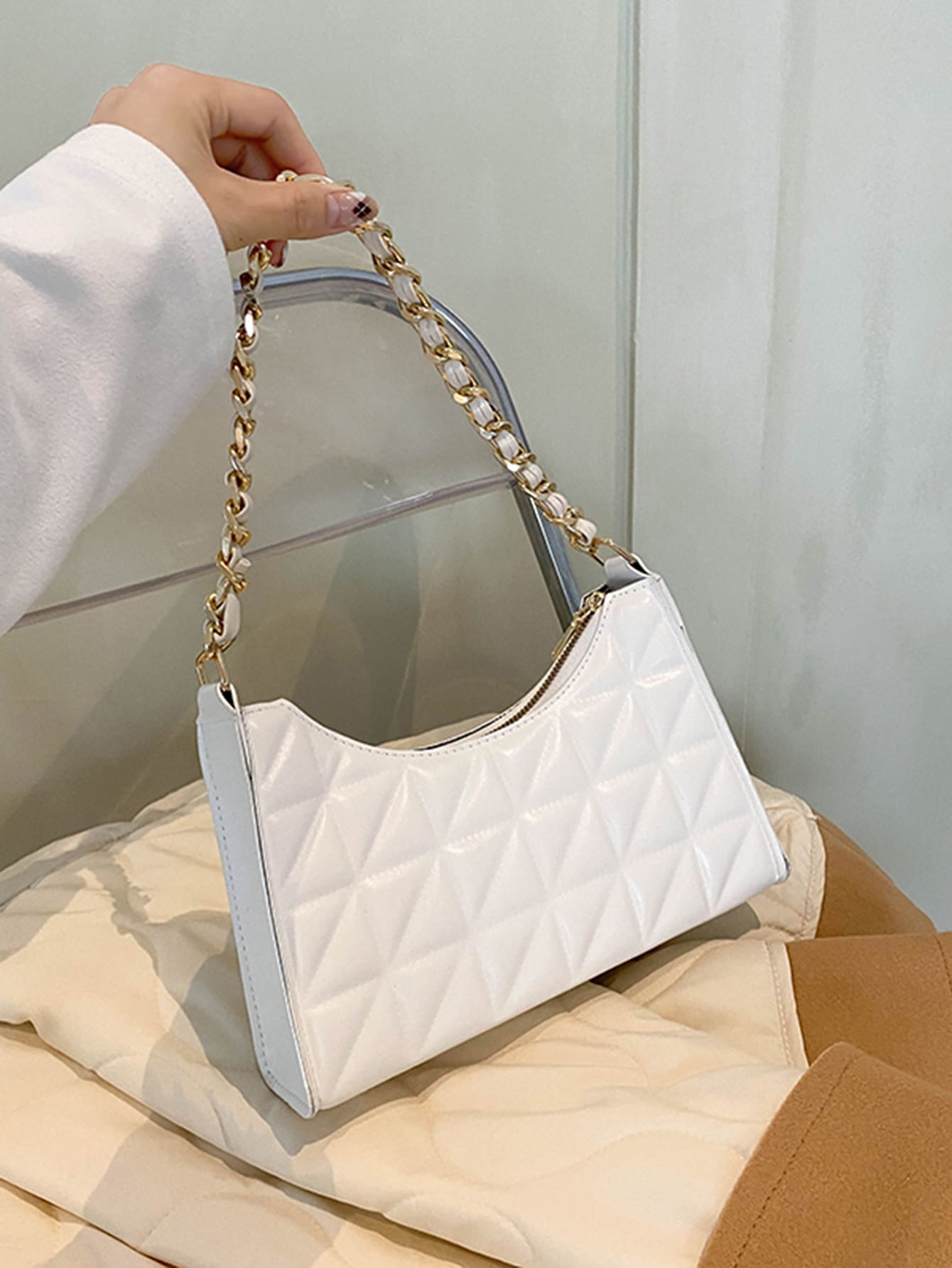 SHEIN Quilted Chain Baguette Bag