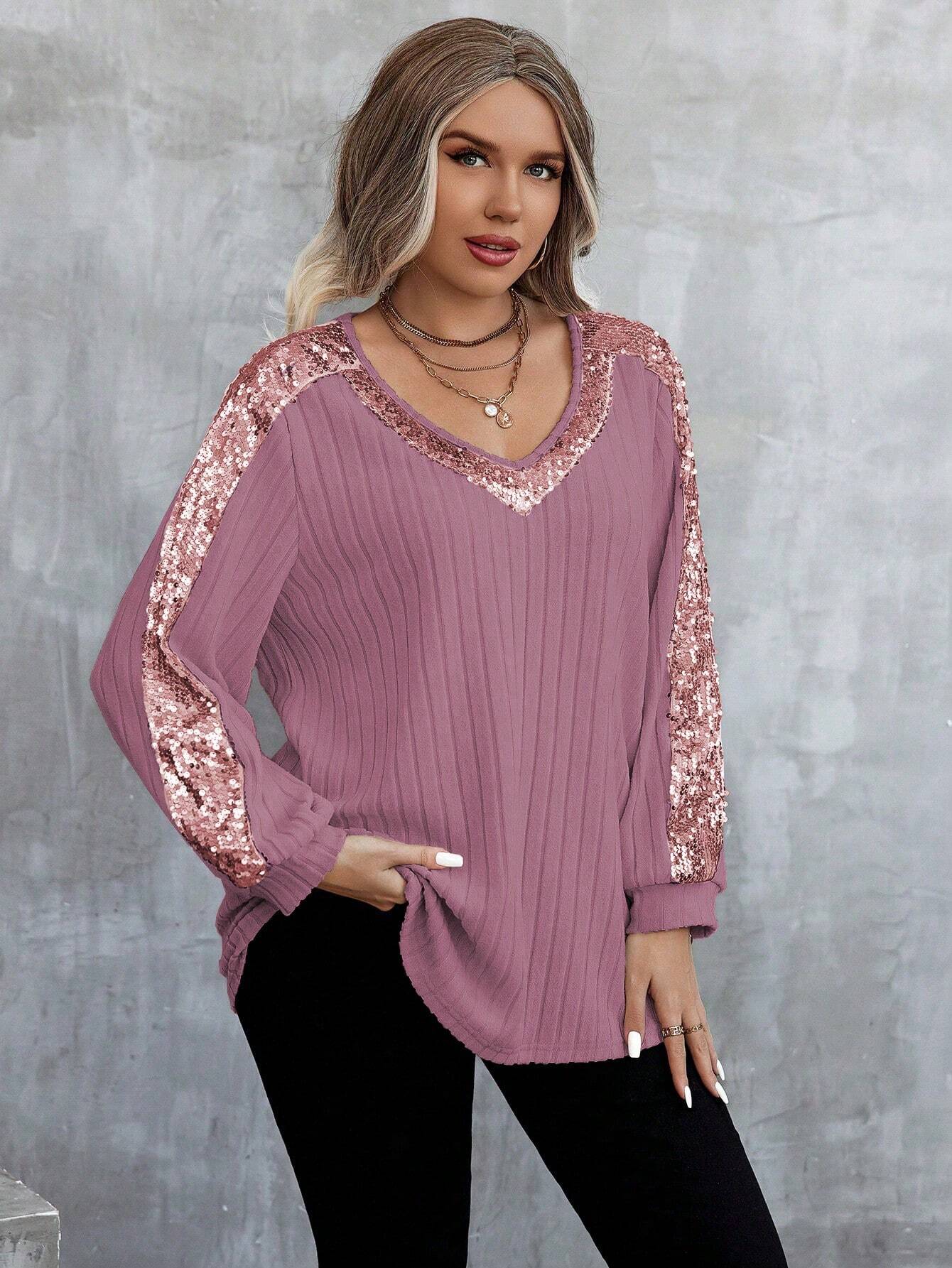 SHEIN CALVAYA Glitter Patchwork Long Sleeve Top