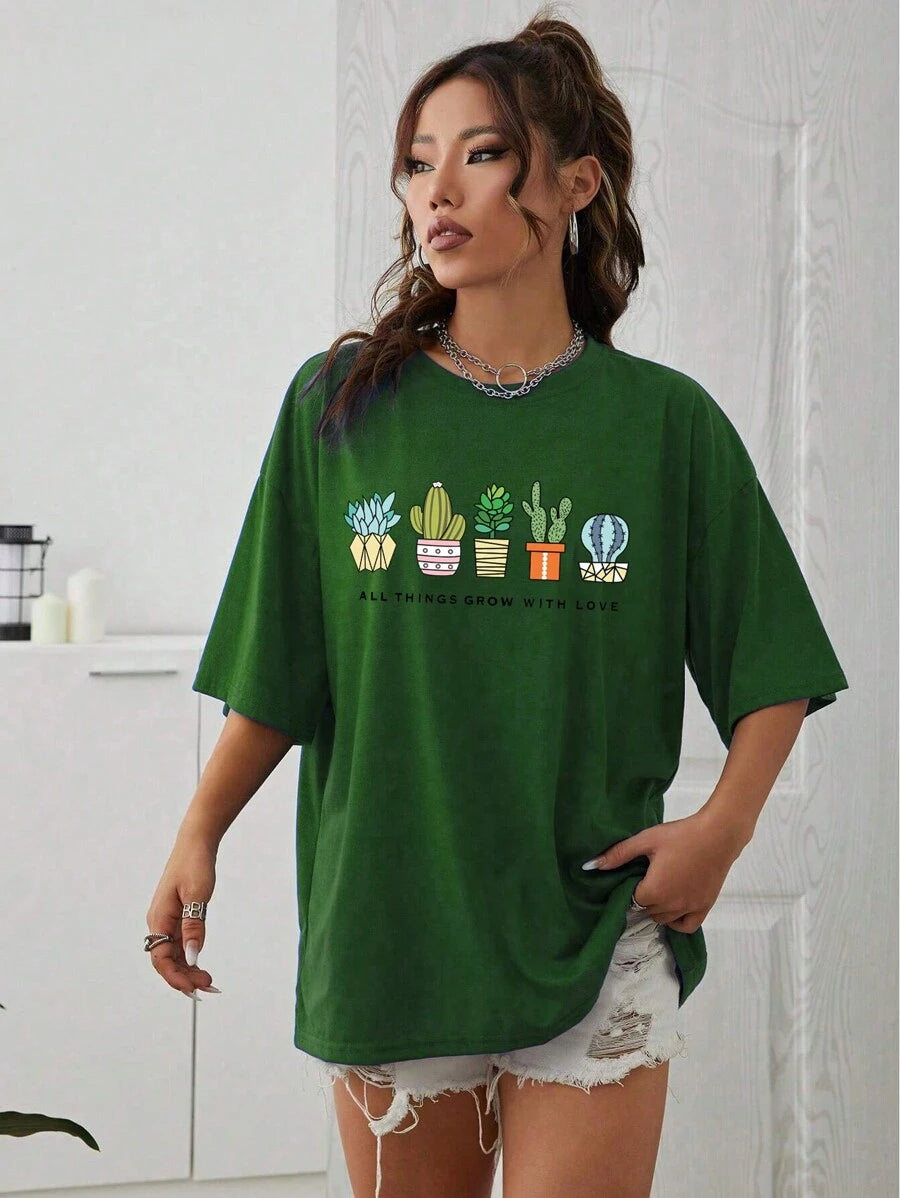 SHEIN Cactus T-shirt with slogan print