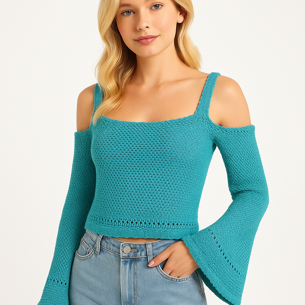 SHEIN Dreamara Knit Open-Shoulder Flared Sleeve Top