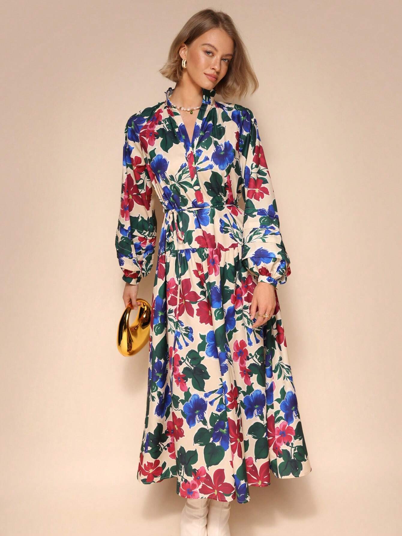 SHEIN Chiquease Floral Tie-Waist Midi Dress