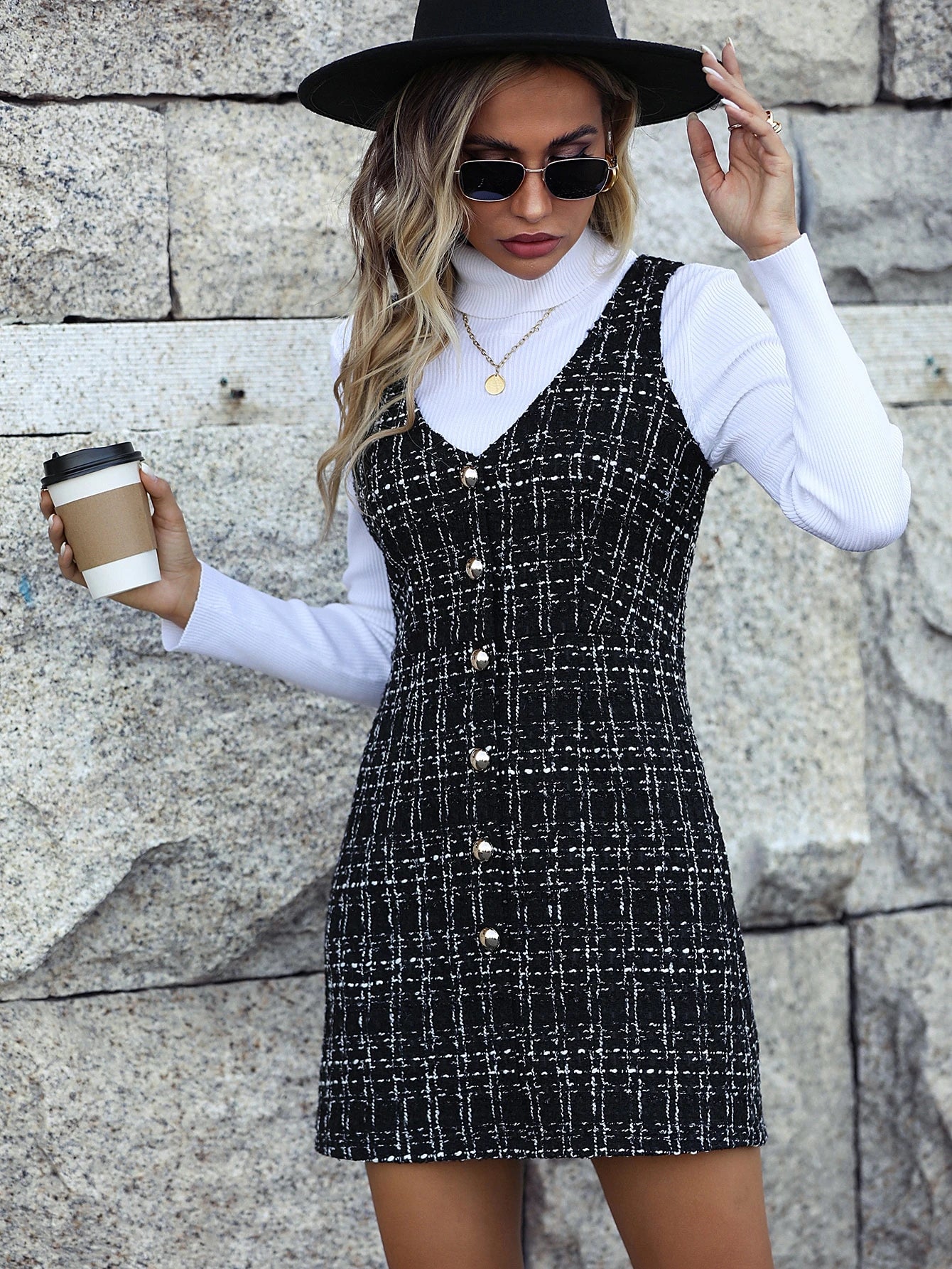 Chiquease Plaid Single Breasted Tweed Dress Without Sweater