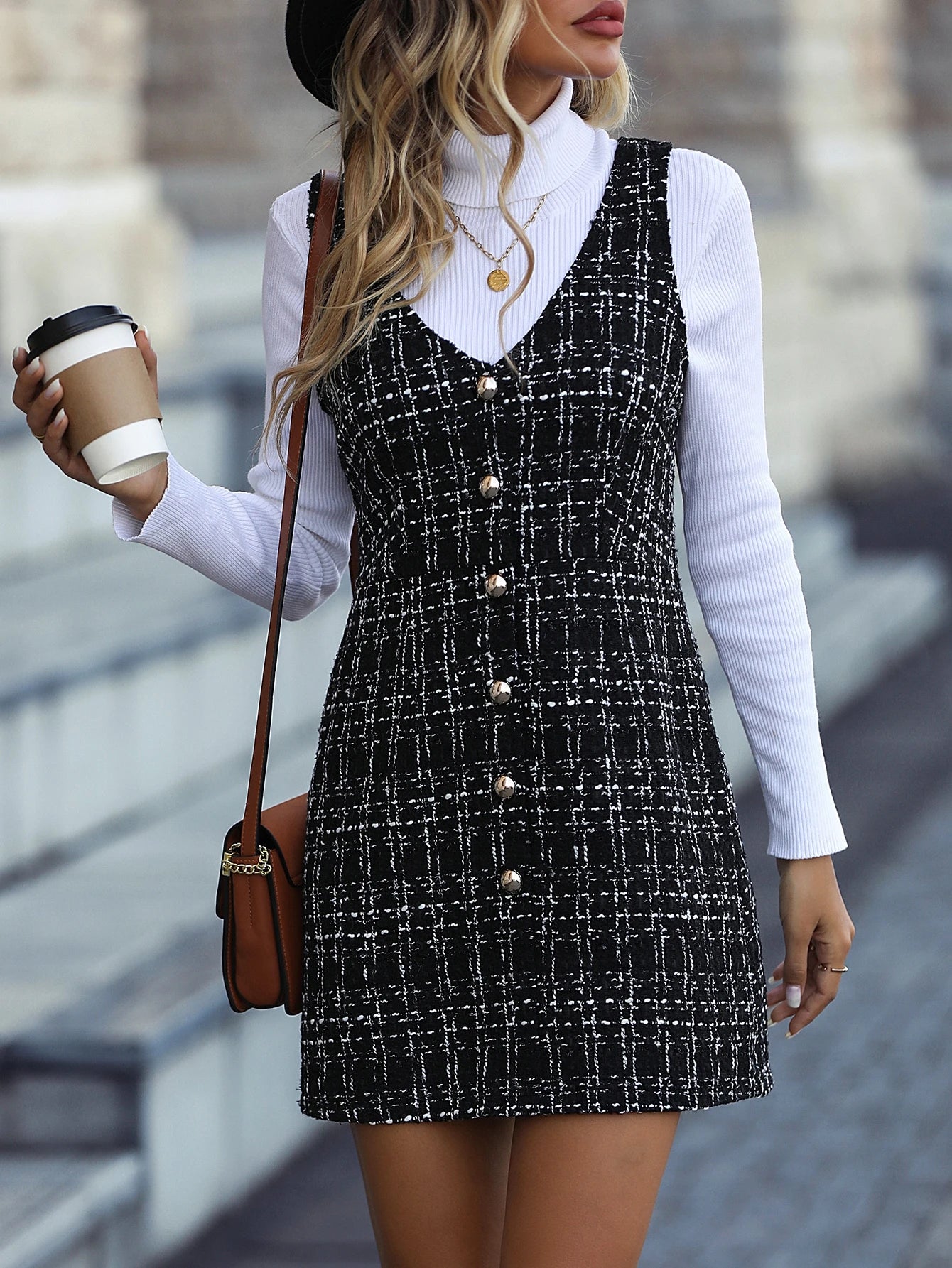 Chiquease Plaid Single Breasted Tweed Dress Without Sweater