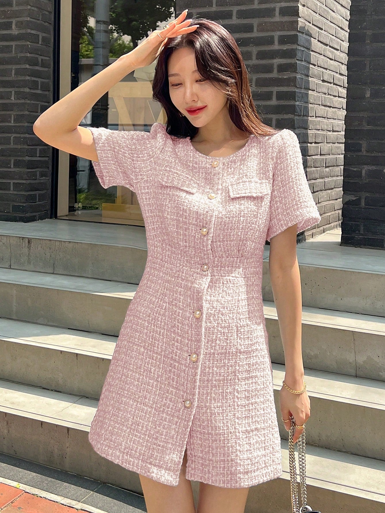 SHEIN DAZY Flap Detail Button Front Tweed Dress