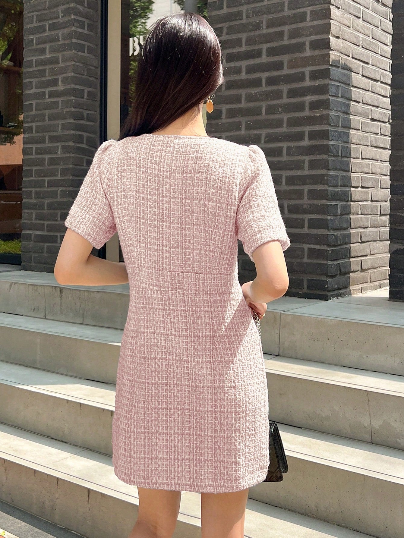 SHEIN DAZY Flap Detail Button Front Tweed Dress