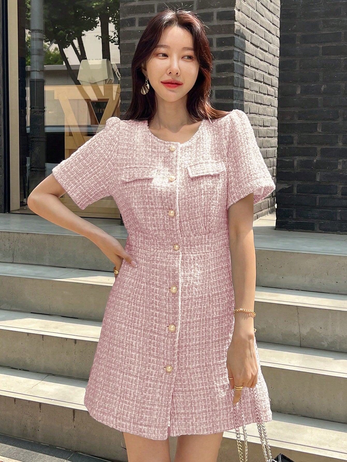 SHEIN DAZY Flap Detail Button Front Tweed Dress