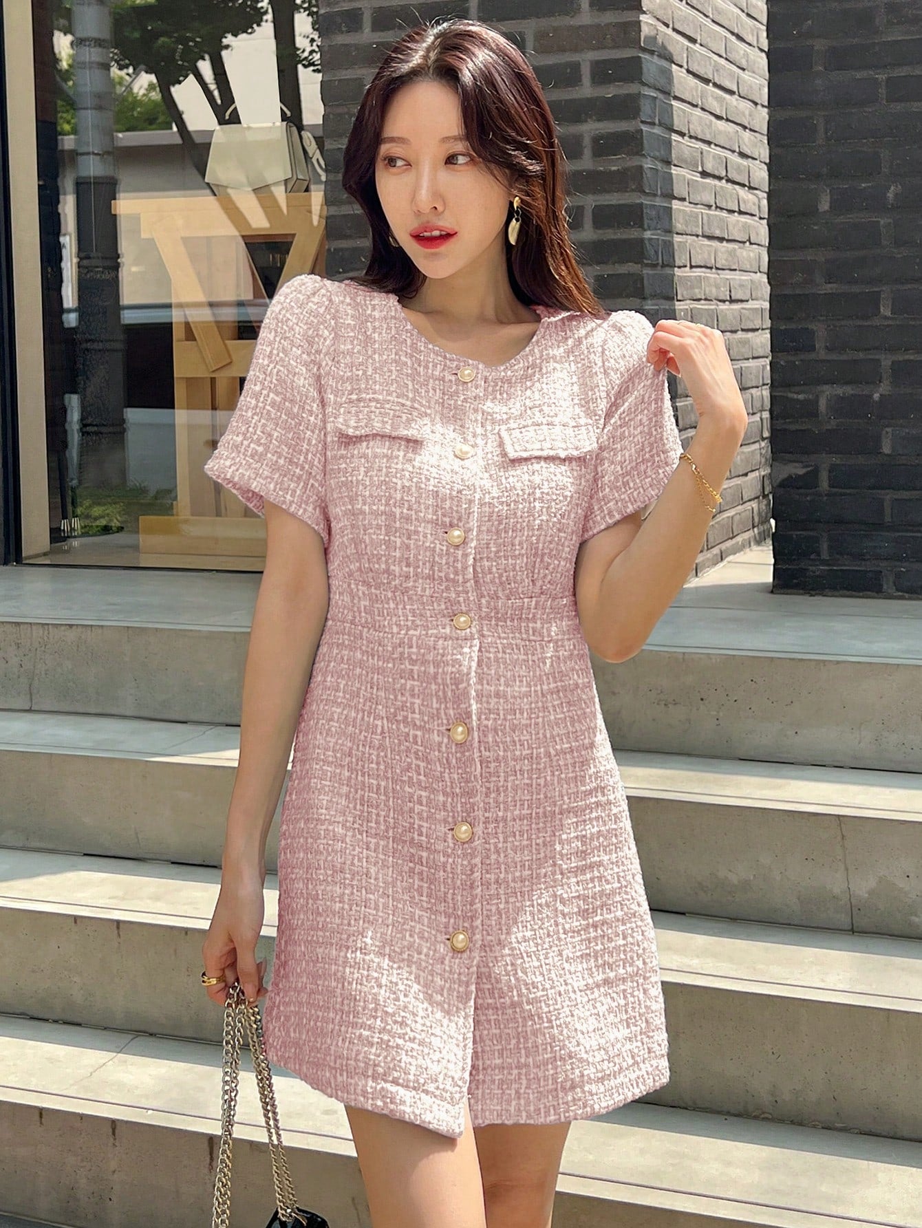 SHEIN DAZY Flap Detail Button Front Tweed Dress