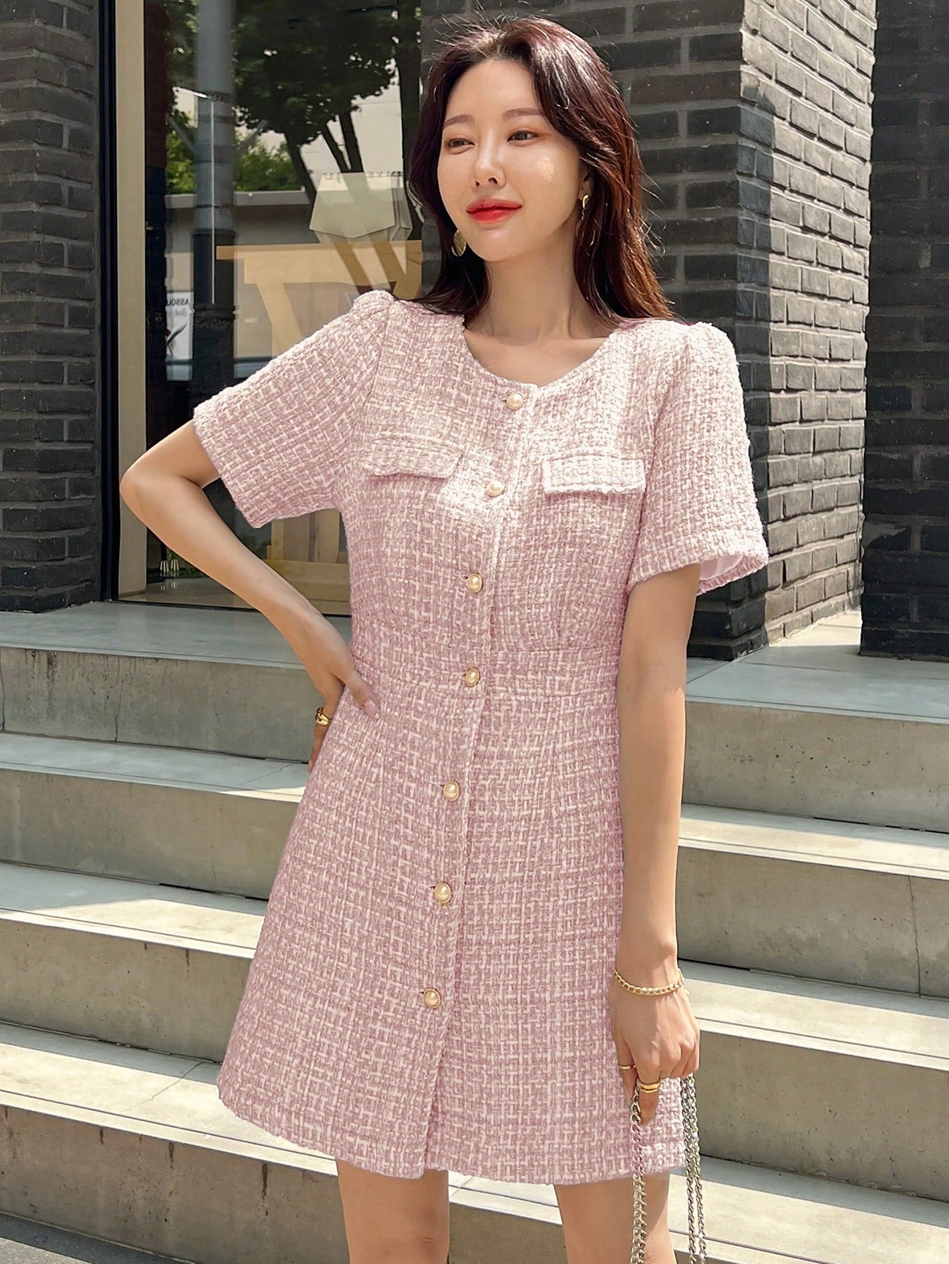 SHEIN DAZY Flap Detail Button Front Tweed Dress