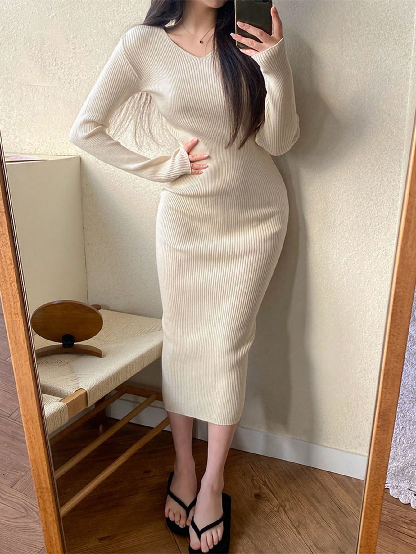 SHEIN DAZY Ribbed Knit Split-Back Sweater Dress