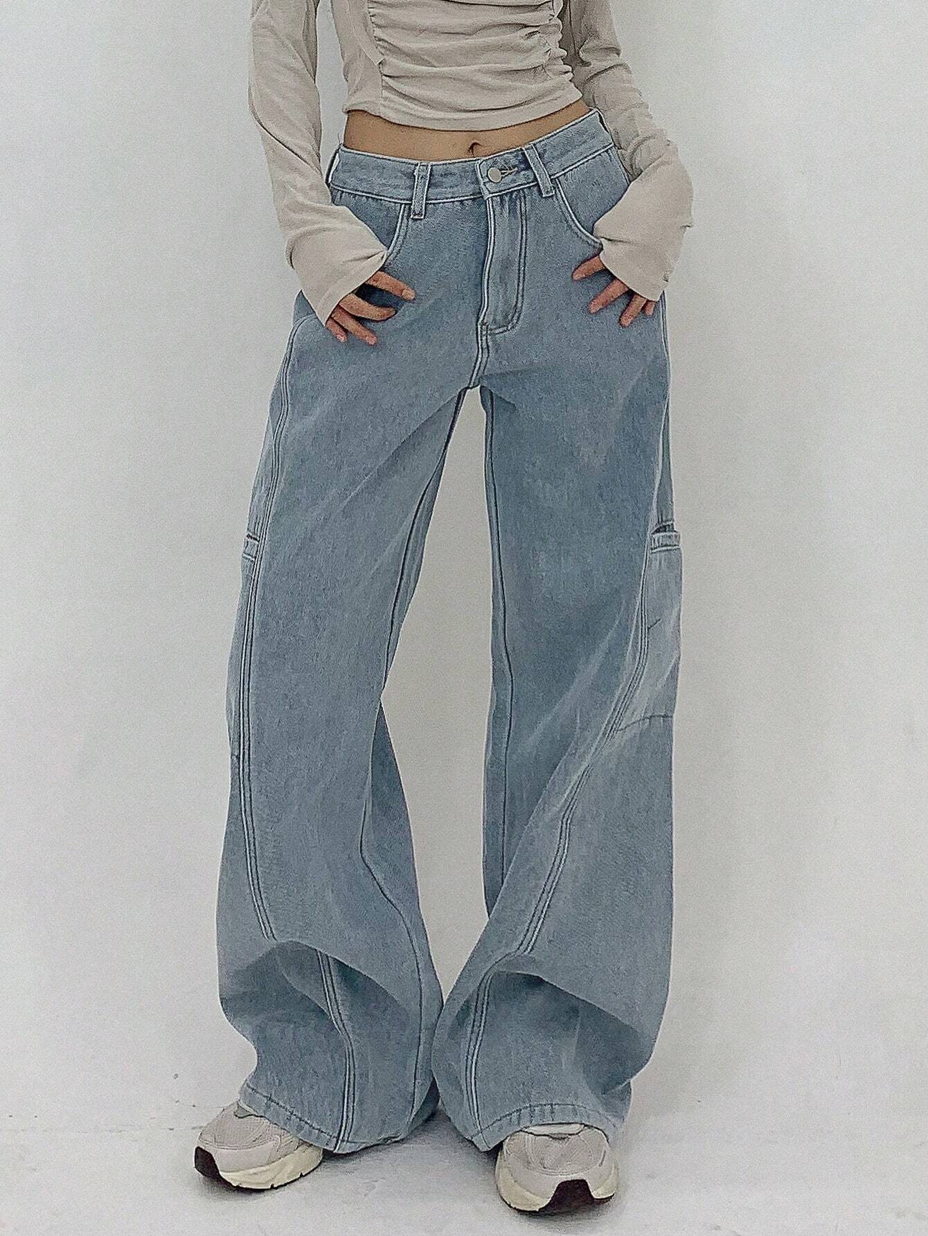 SHEIN DAZY Casual Washed Wide Leg Thick Denim Jeans