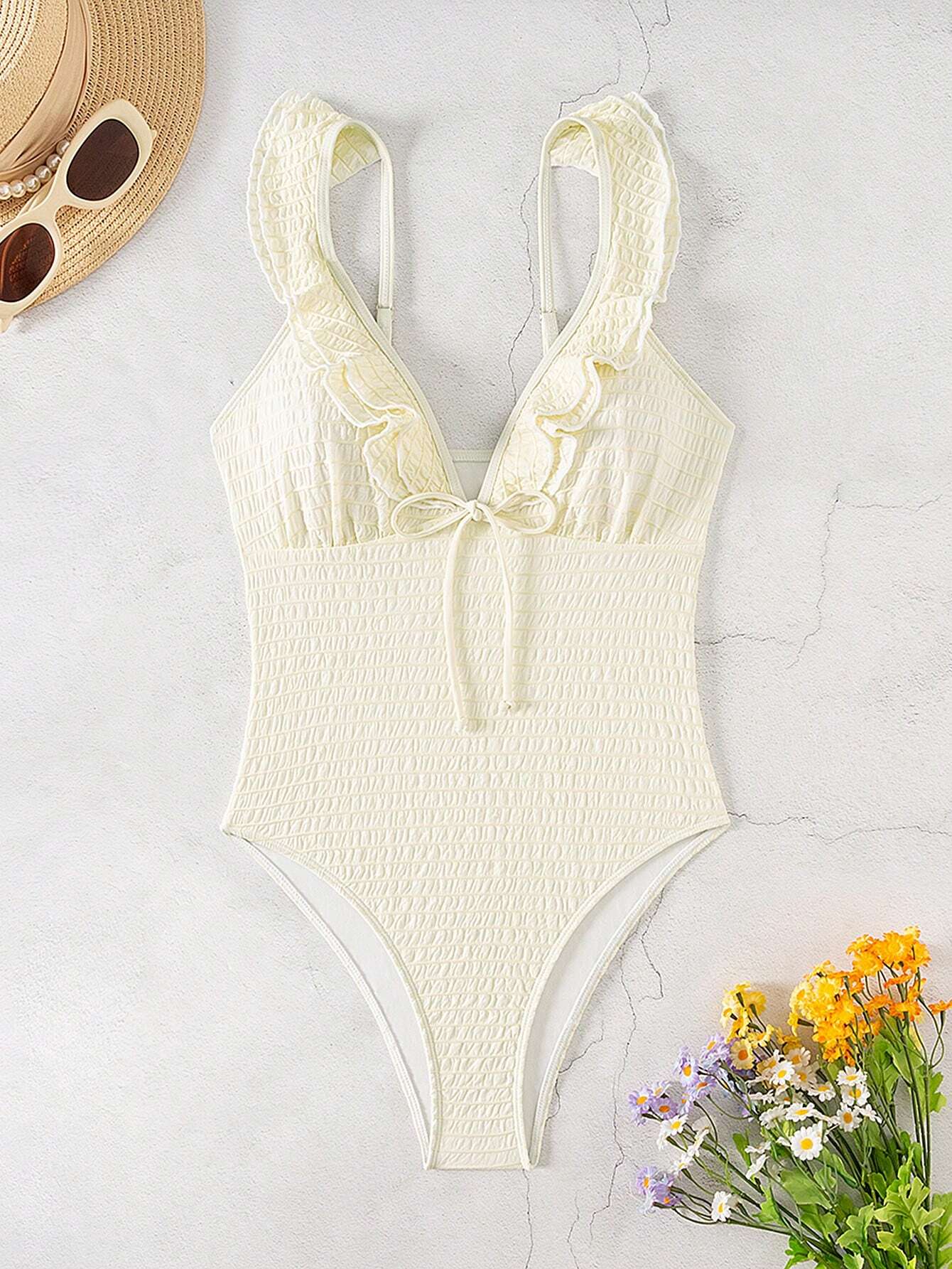 SHEIN DAZY Ruffle V-Neck Bow One-Piece Swimsuit – Off White