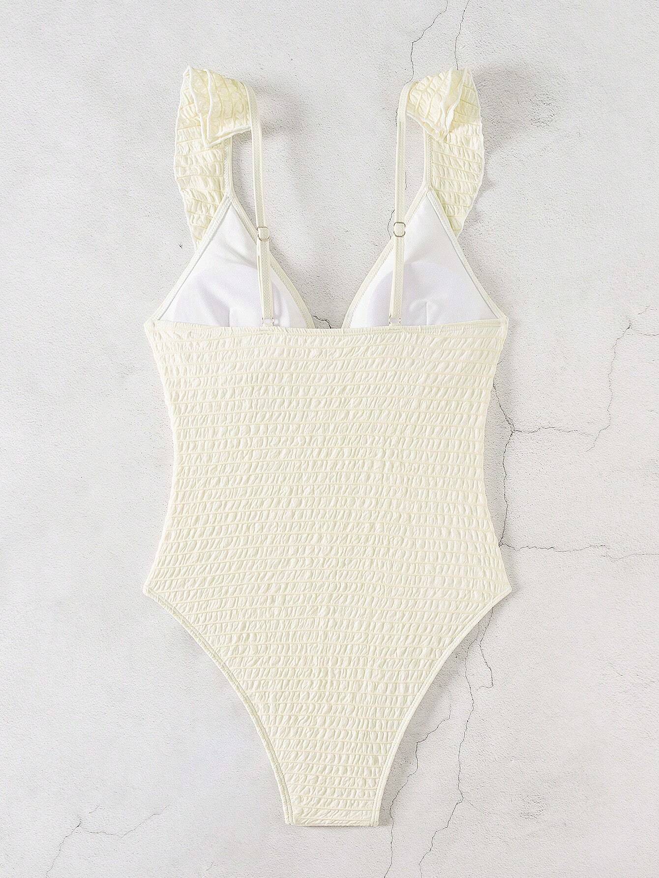 SHEIN DAZY Ruffle V-Neck Bow One-Piece Swimsuit – Off White