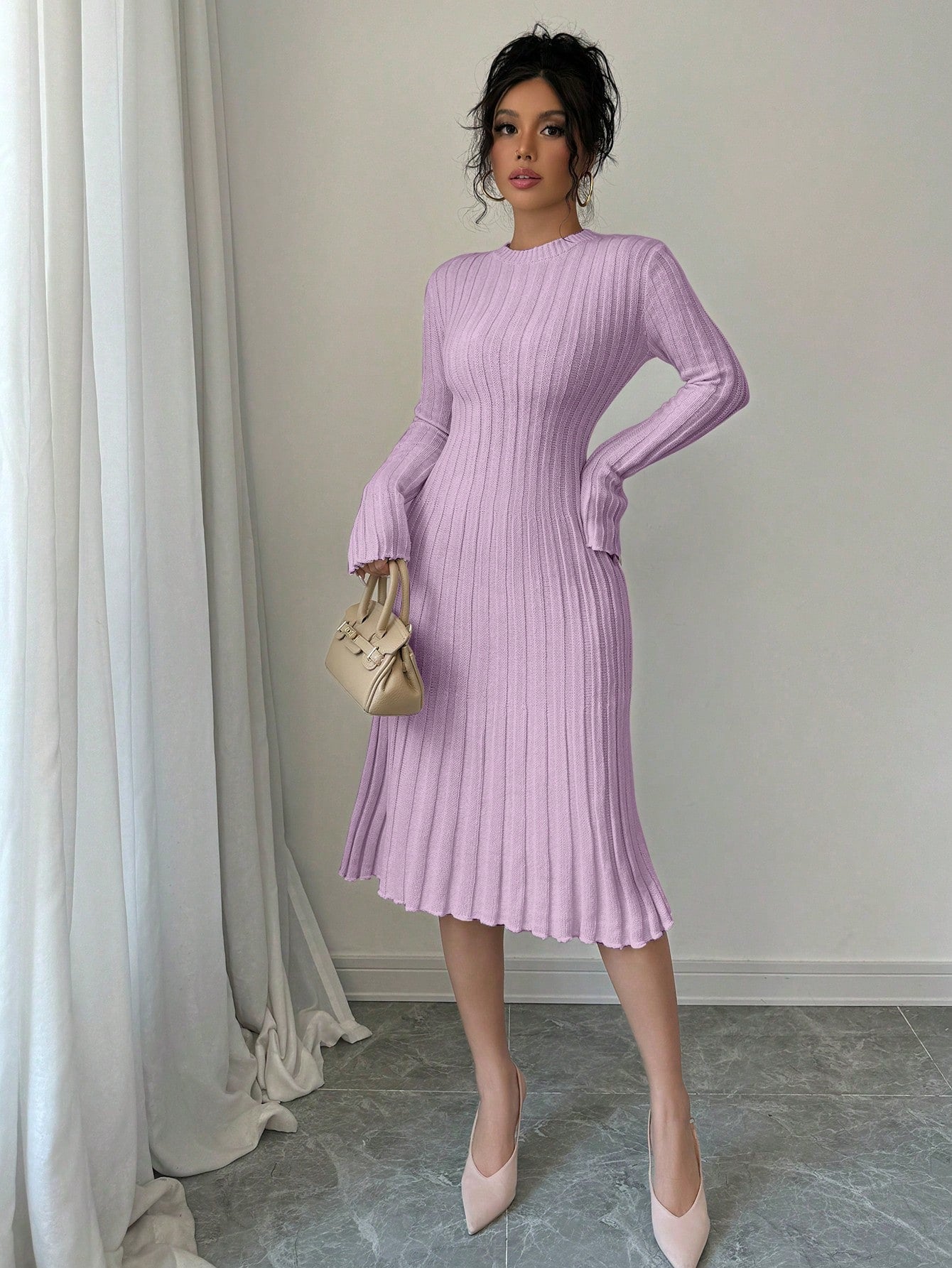Elenzga Elegant Long Sleeve Round Neck Knit Dress