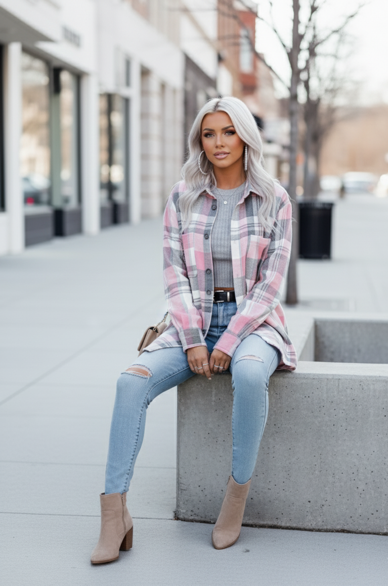 Plaid Longline Casual Shacket – Pink & Gray
