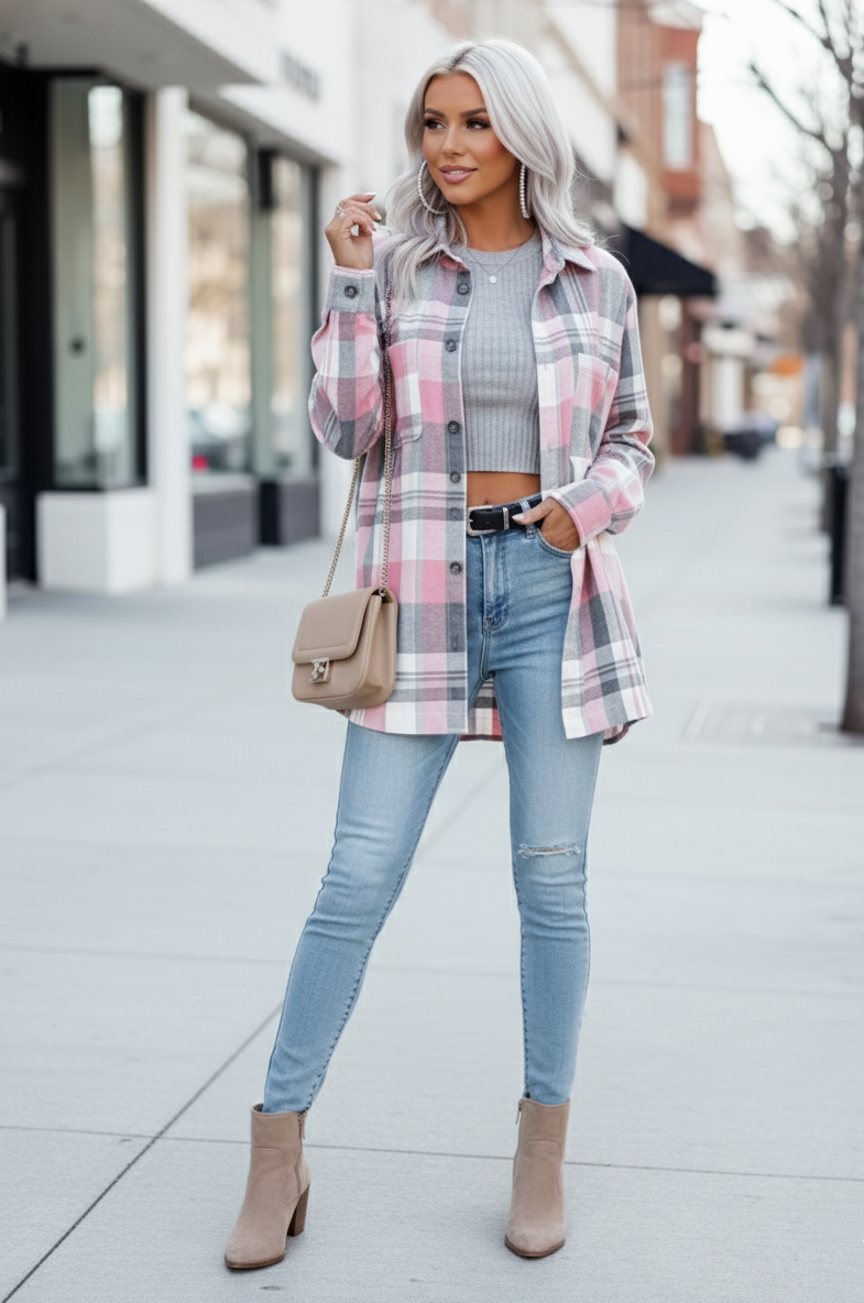 Plaid Longline Casual Shacket – Pink & Gray