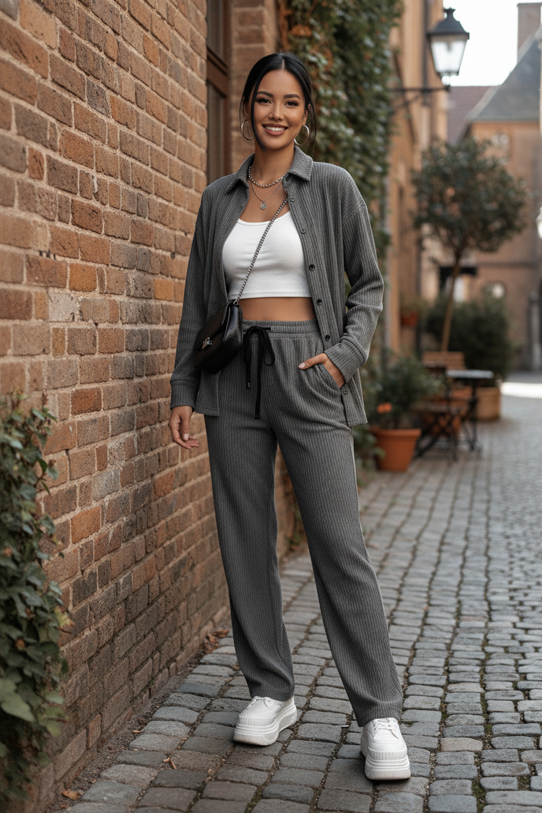 SHEIN EZwear Drop Shoulder Shirt & Drawstring Waist Pants Set