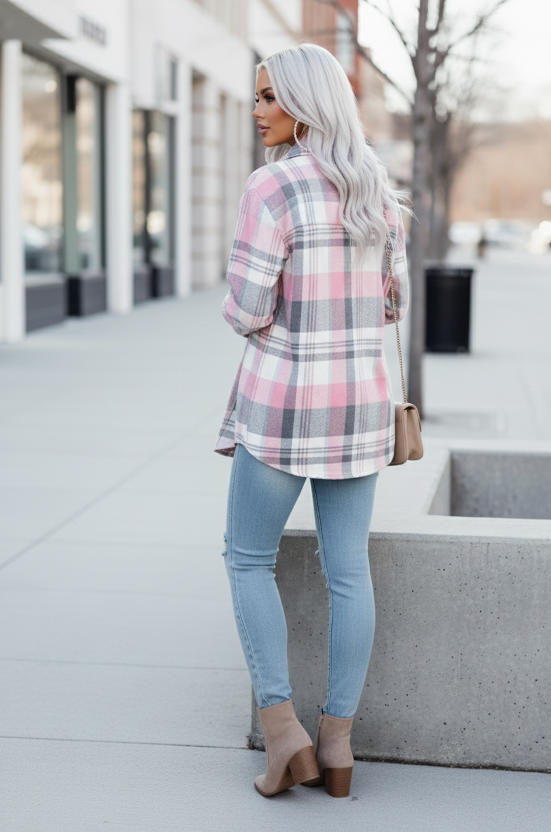 Plaid Longline Casual Shacket – Pink & Gray