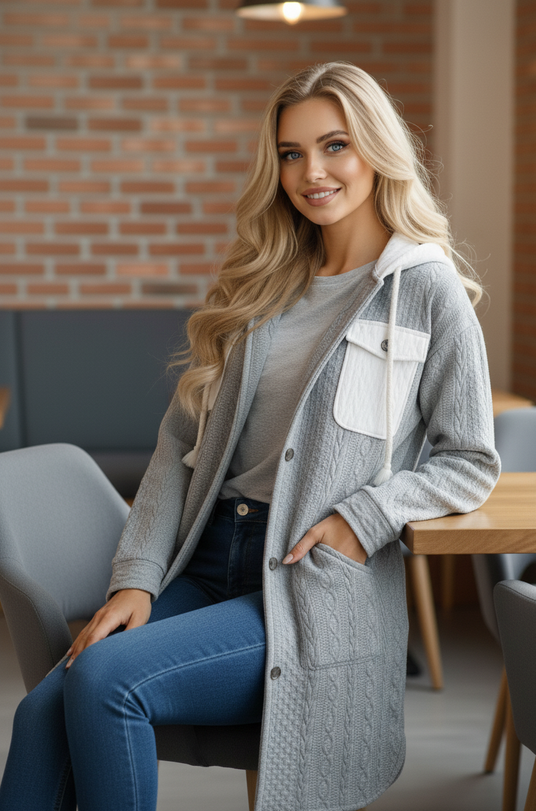 Hooded Knit Gray Casual Jacket