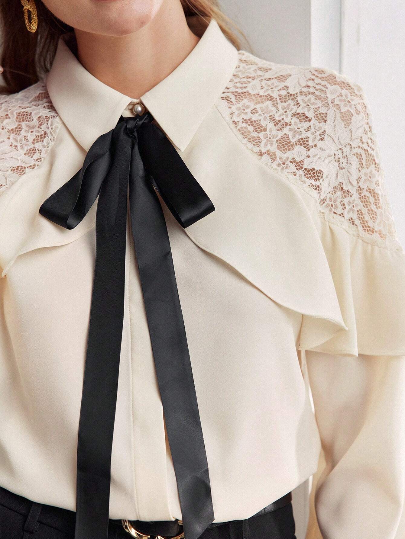 MOTF Premium Contrast Tie Neck Lace Ruffle Shirt