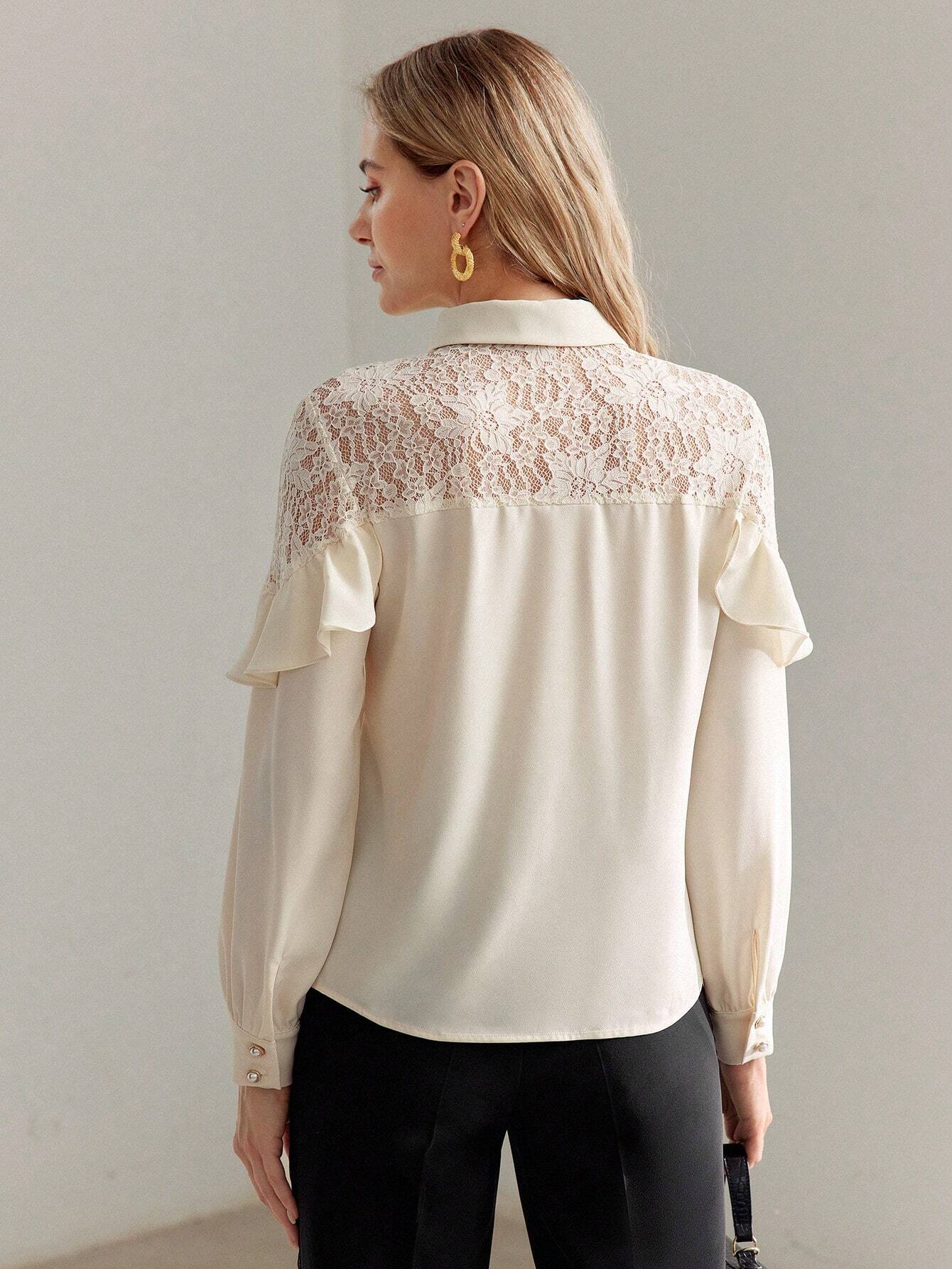 MOTF Premium Contrast Tie Neck Lace Ruffle Shirt