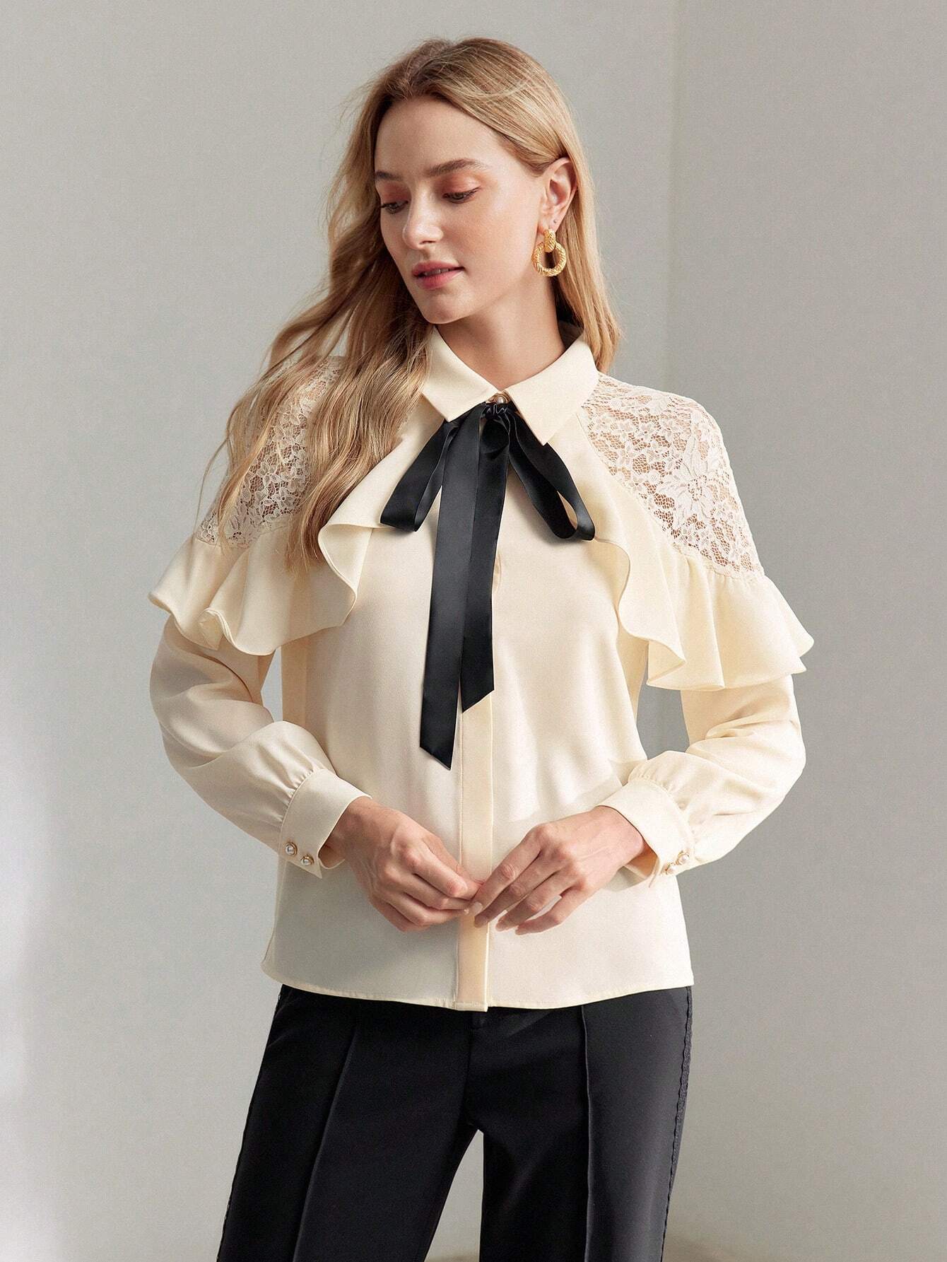 MOTF Premium Contrast Tie Neck Lace Ruffle Shirt