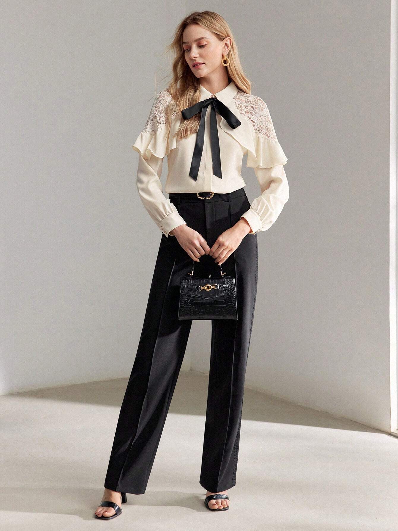 MOTF Premium Contrast Tie Neck Lace Ruffle Shirt