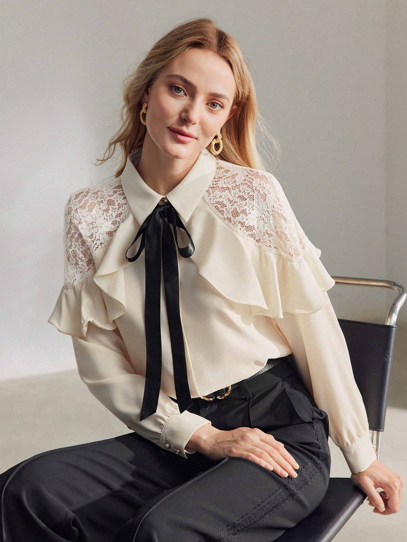 MOTF Premium Contrast Tie Neck Lace Ruffle Shirt