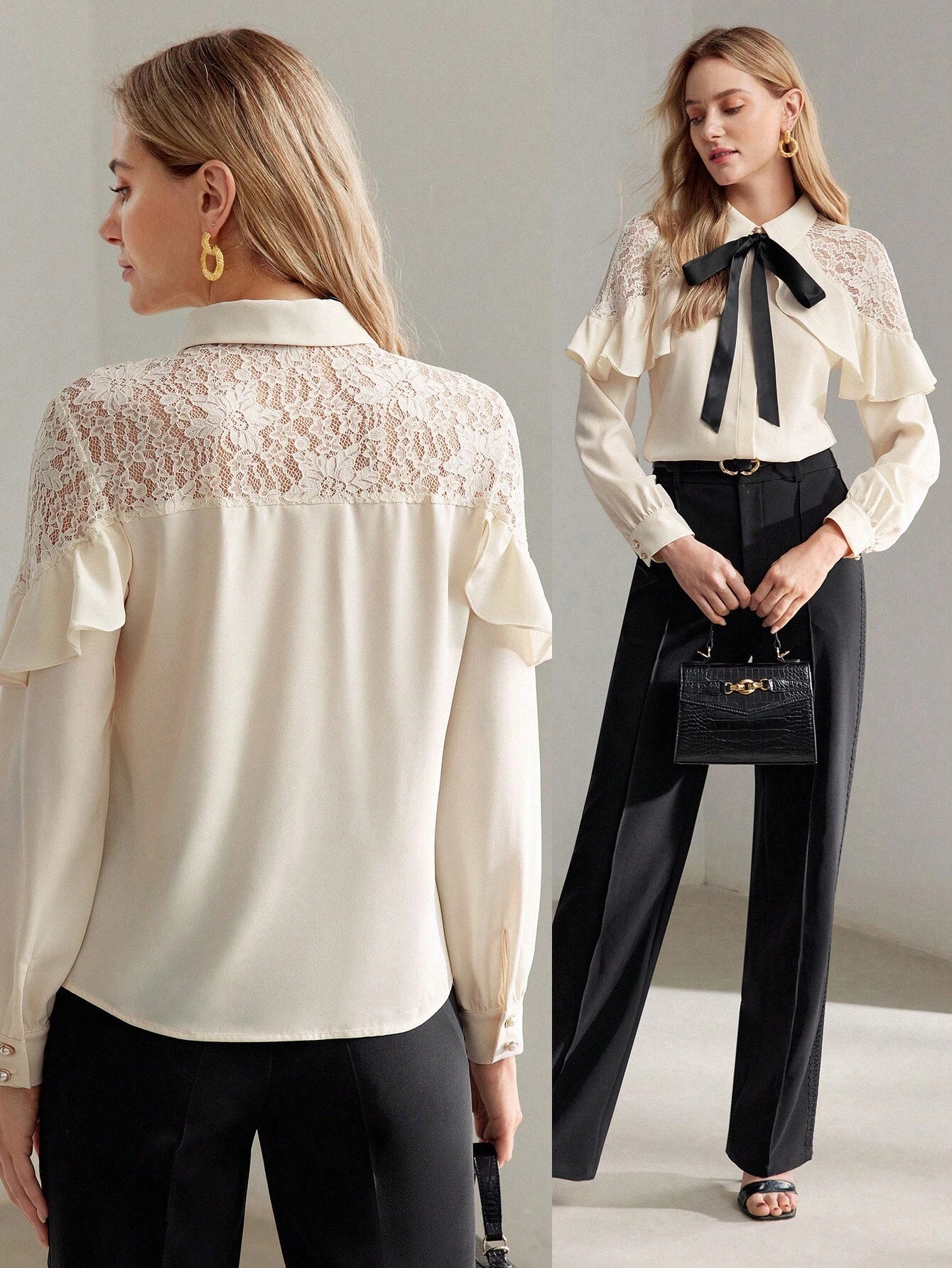 MOTF Premium Contrast Tie Neck Lace Ruffle Shirt