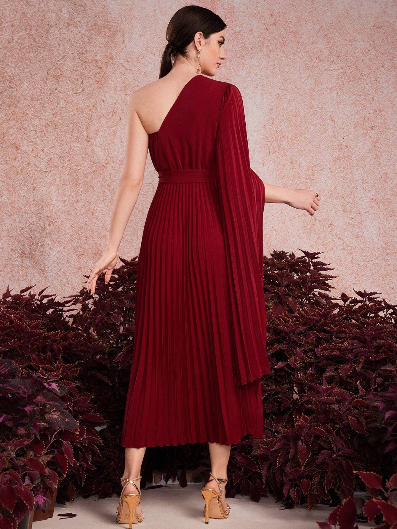 Modelyn Burgundy One-Shoulder Pleated Dress