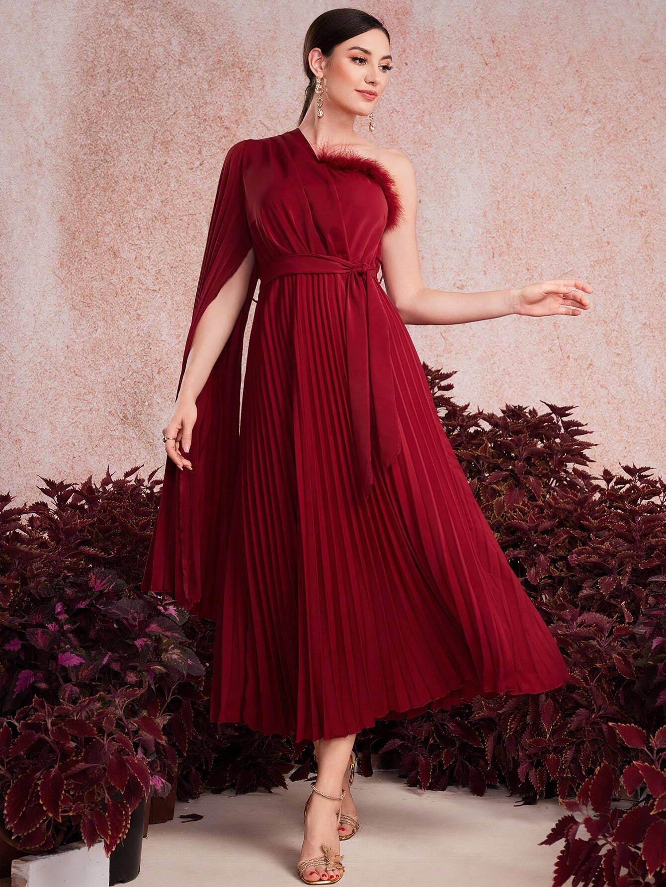 Modelyn Burgundy One-Shoulder Pleated Dress