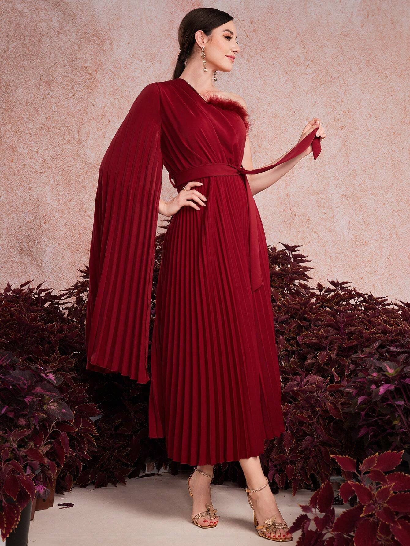 Modelyn Burgundy One-Shoulder Pleated Dress