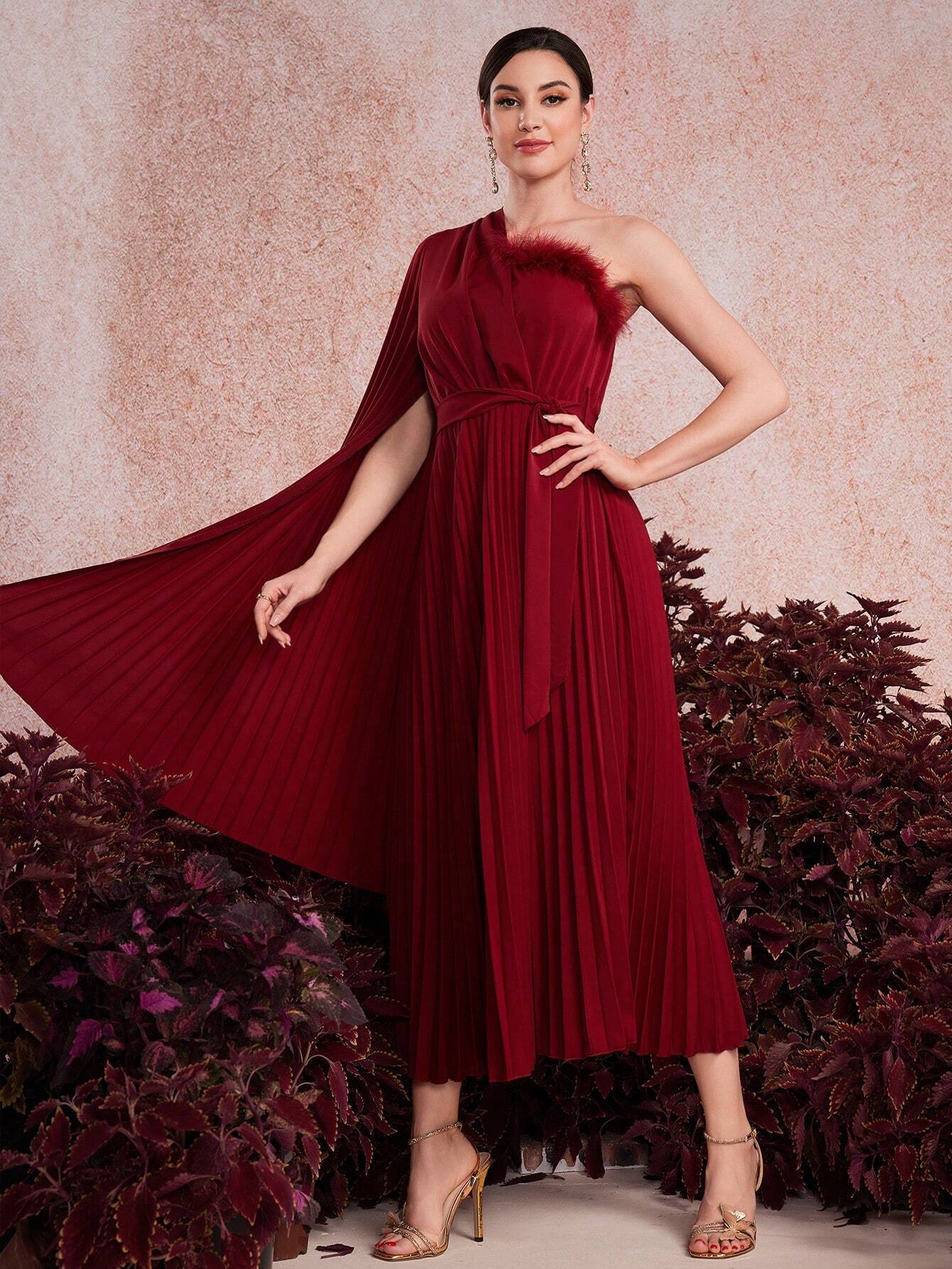 Modelyn Burgundy One-Shoulder Pleated Dress