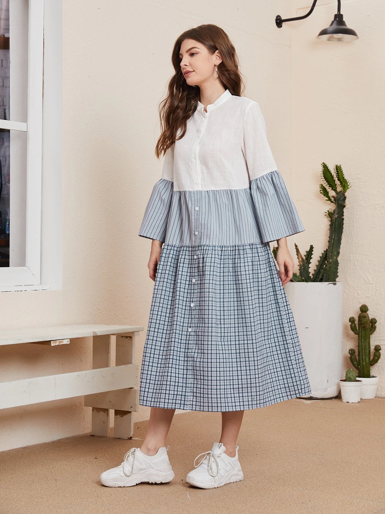 SHEIN Mulvari Flounce Sleeve Striped Colorblock Dress