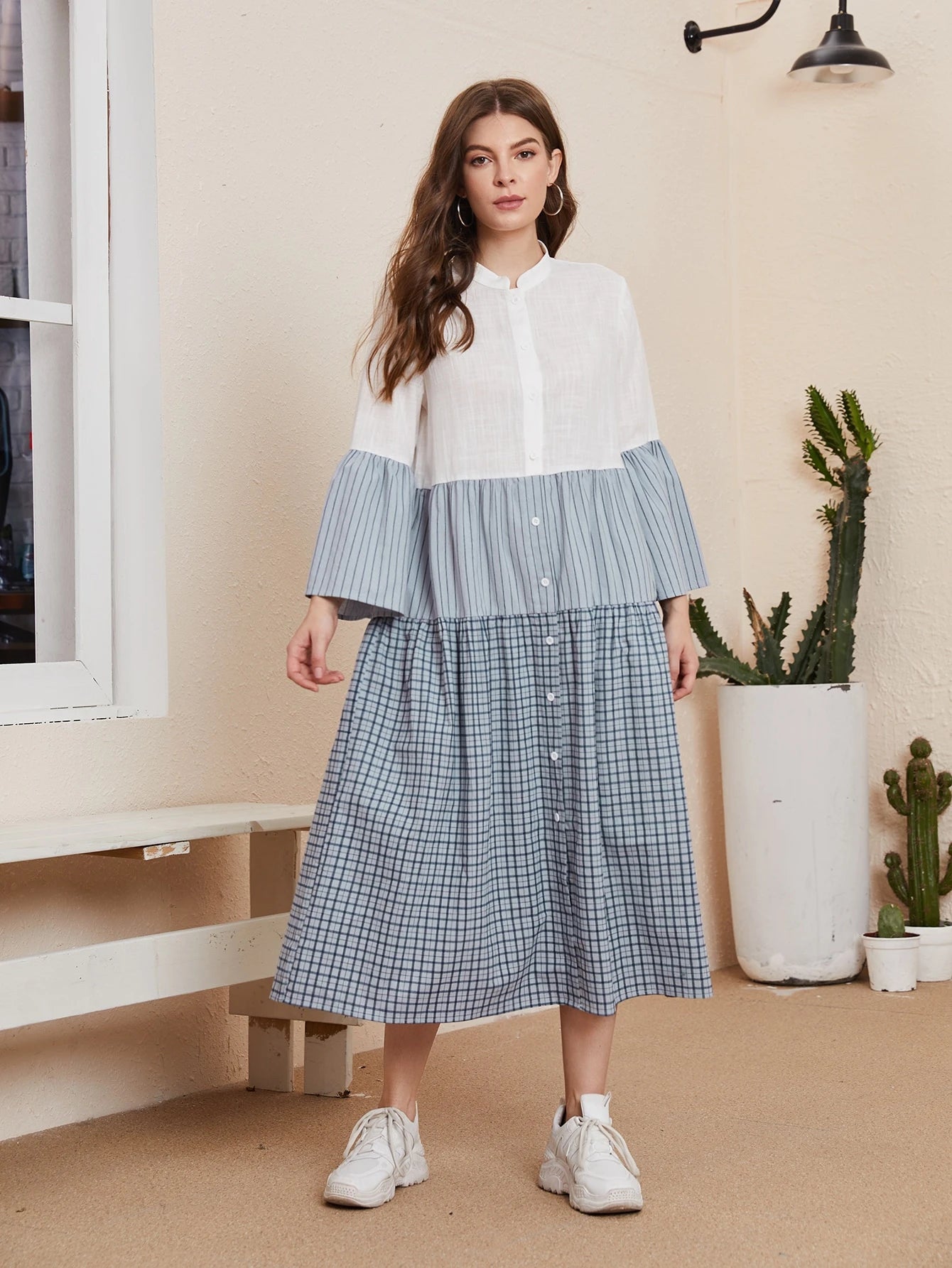 SHEIN Mulvari Flounce Sleeve Striped Colorblock Dress