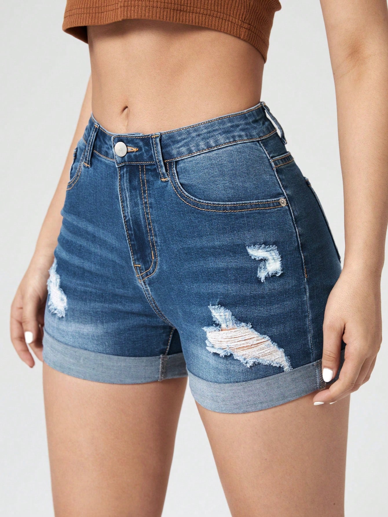 SHEIN Unity Ripped Roll Up Hem Denim Shorts