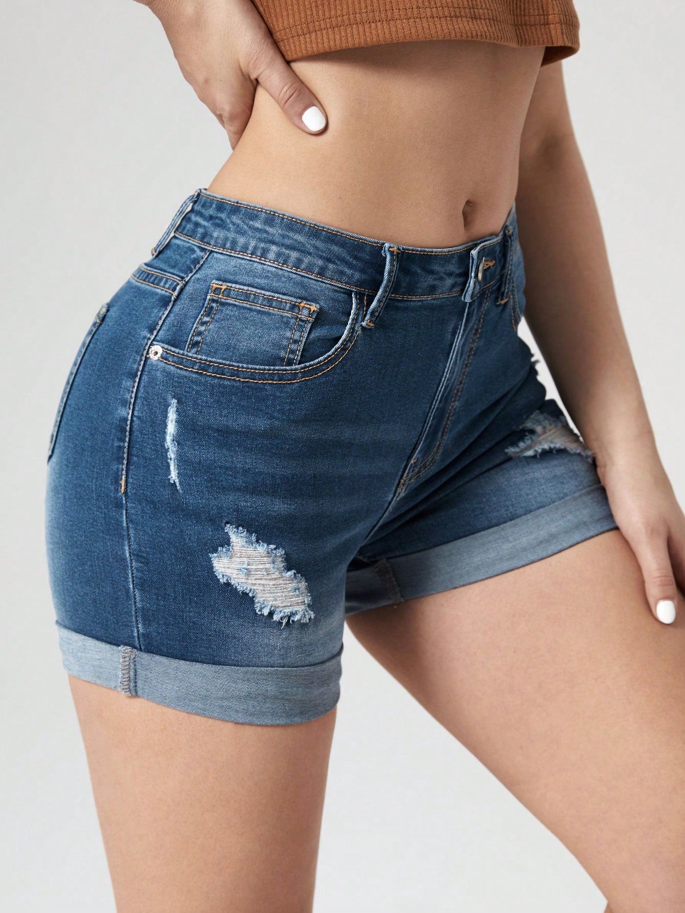 SHEIN Unity Ripped Roll Up Hem Denim Shorts