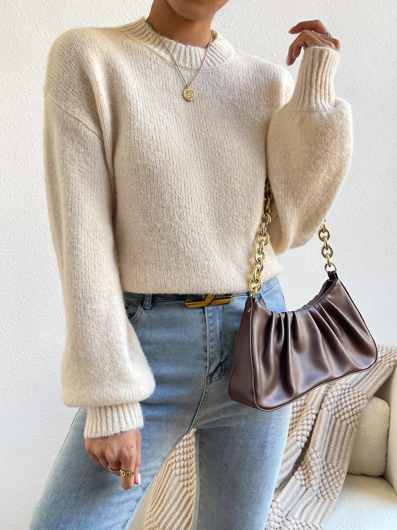SHEIN Ritzy Row Mock Neck Sweater – Apricot Edition