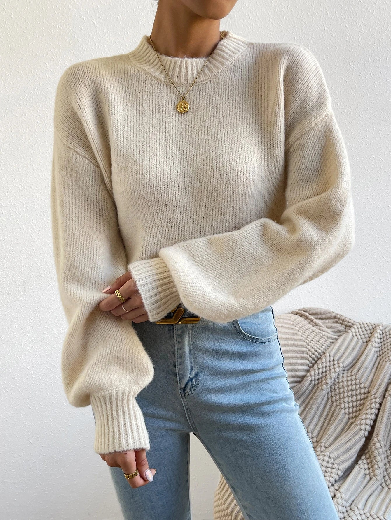 SHEIN Ritzy Row Mock Neck Sweater – Apricot Edition