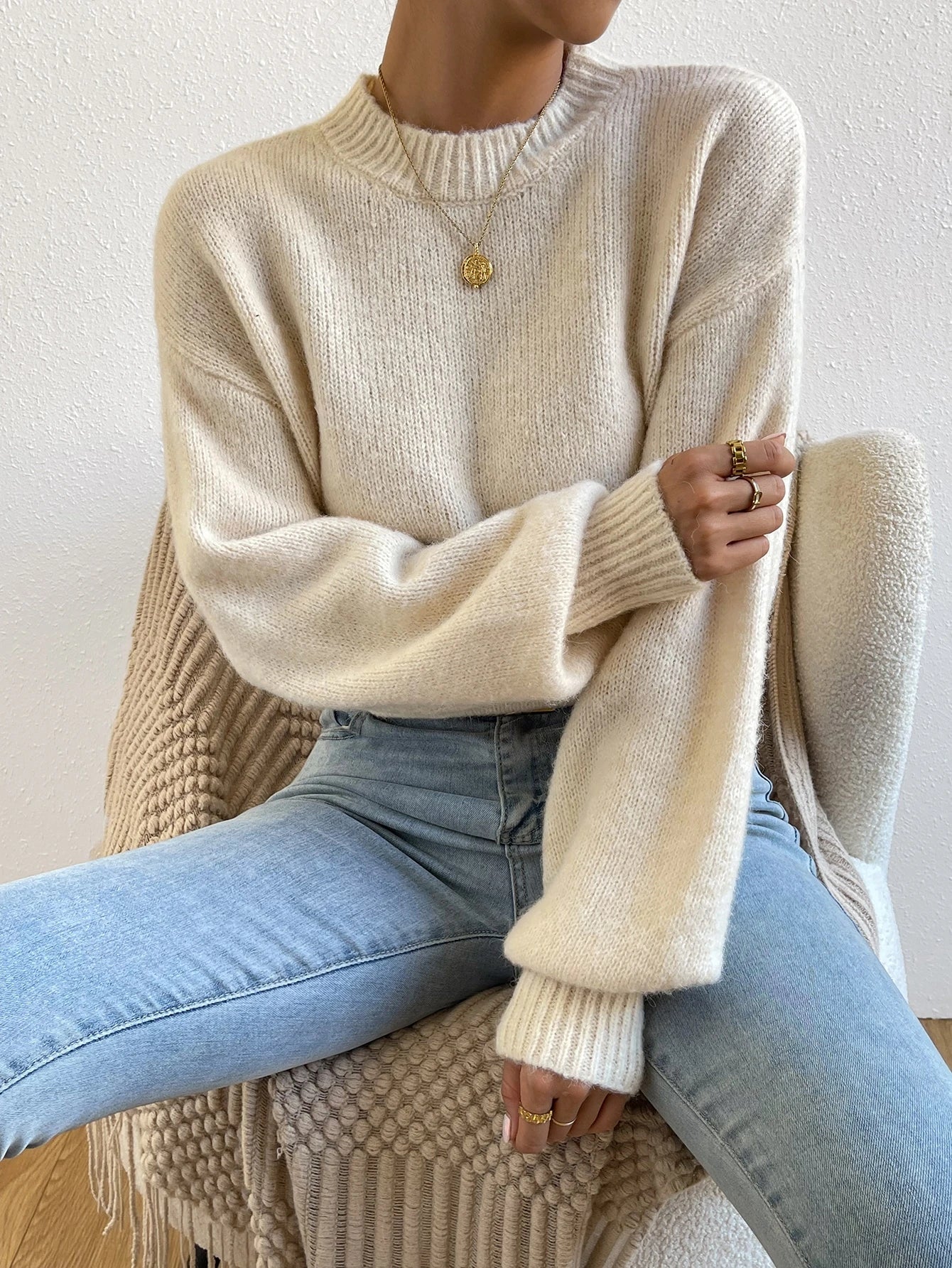 SHEIN Ritzy Row Mock Neck Sweater – Apricot Edition