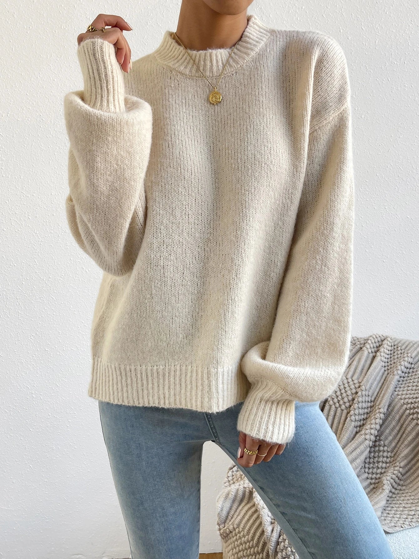SHEIN Ritzy Row Mock Neck Sweater – Apricot Edition