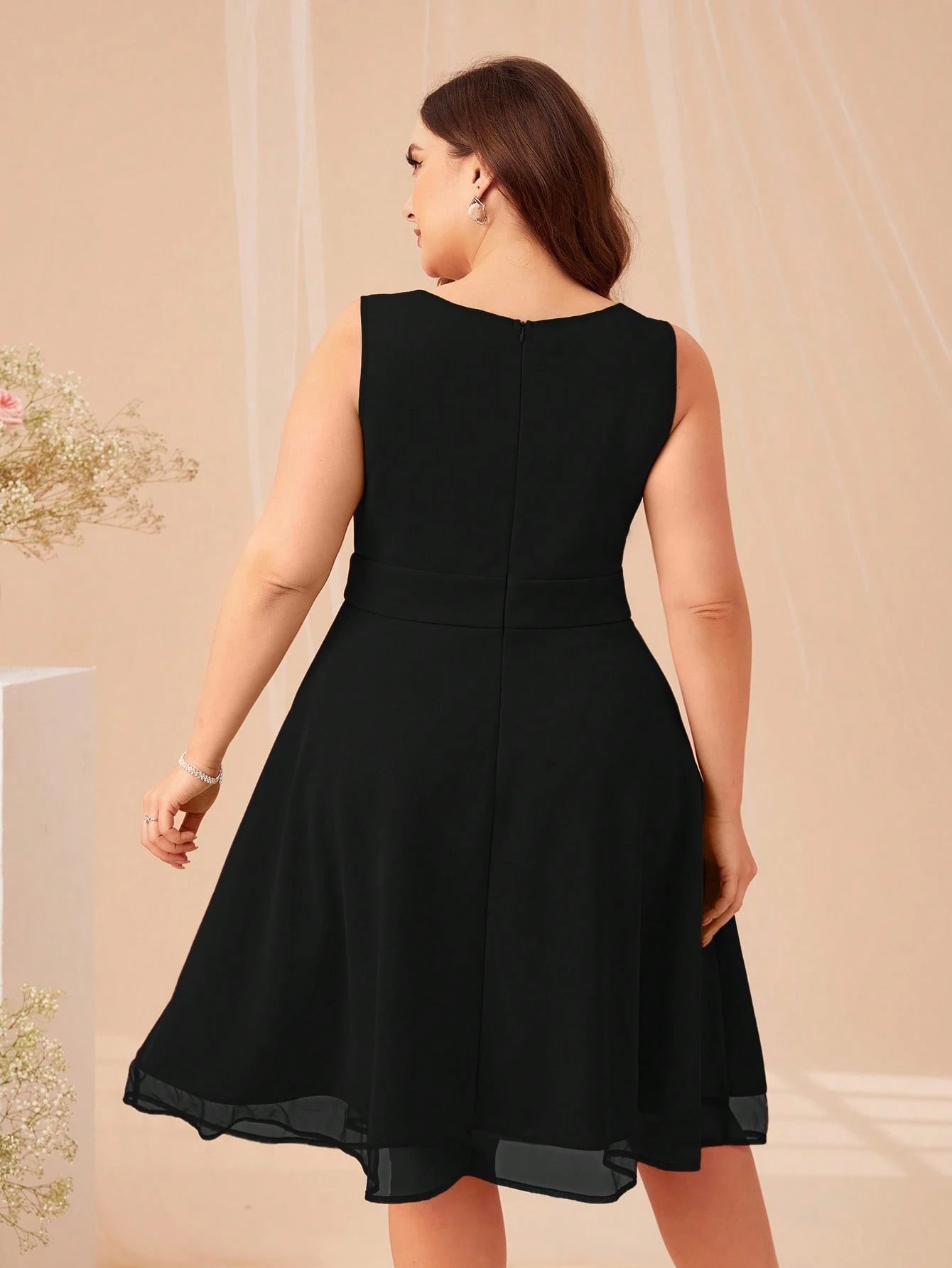 SHEIN Belle Plus V-Neck Mesh Insert Dress