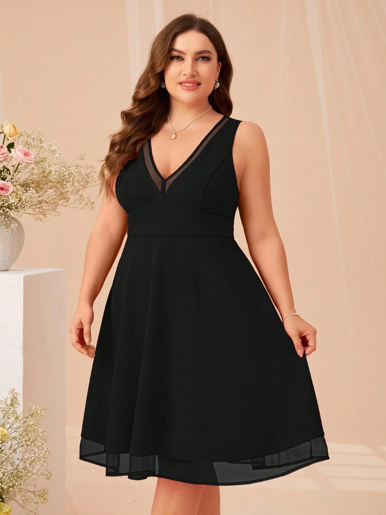 SHEIN Belle Plus V-Neck Mesh Insert Dress