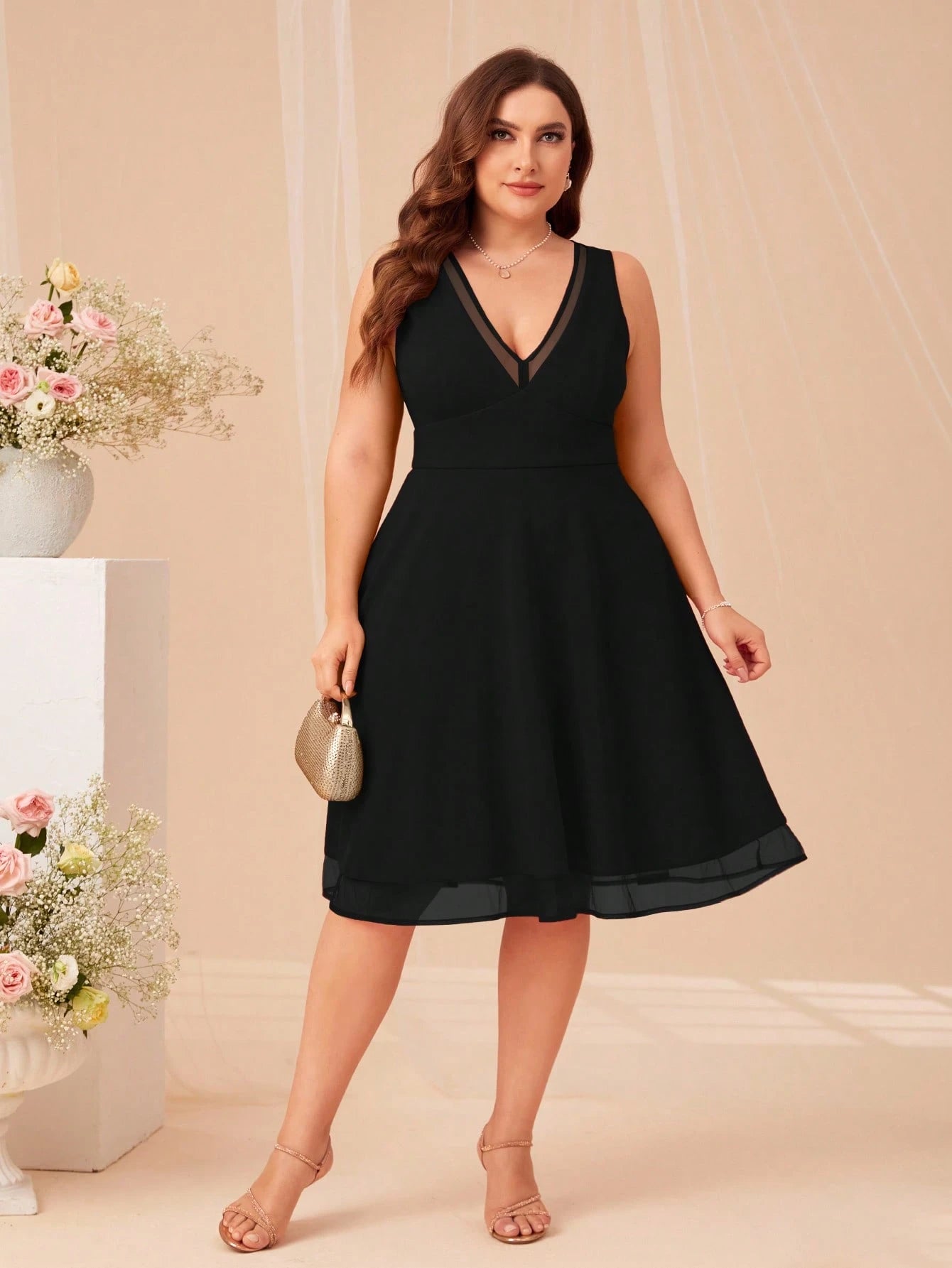SHEIN Belle Plus V-Neck Mesh Insert Dress