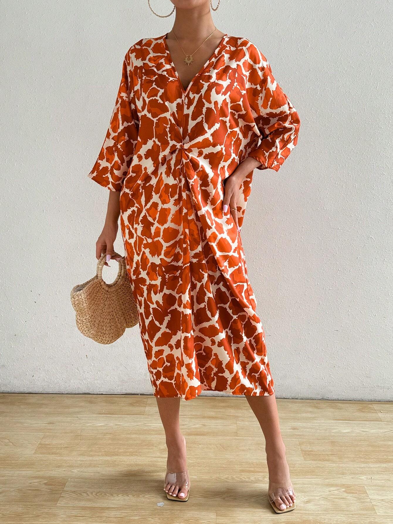 SHEIN Clasi Printed Twist Front Midi Dress