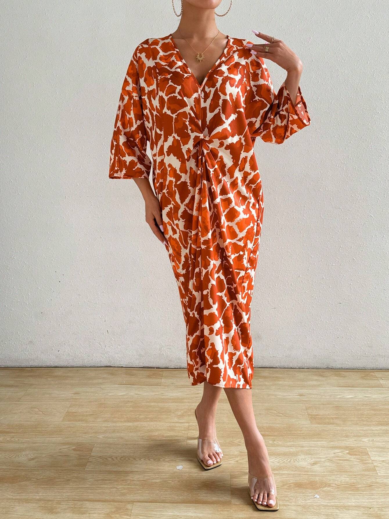 SHEIN Clasi Printed Twist Front Midi Dress