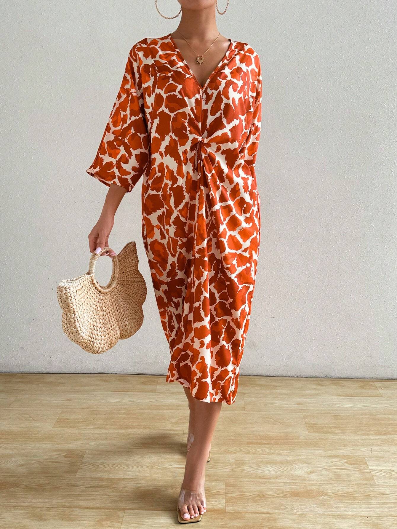 SHEIN Clasi Printed Twist Front Midi Dress
