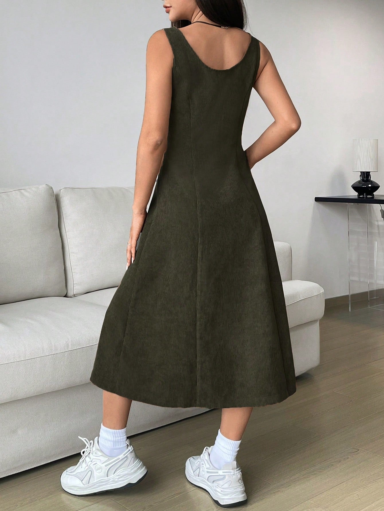 SHEIN EZwear Button Front Solid Corduroy Dress without sweater