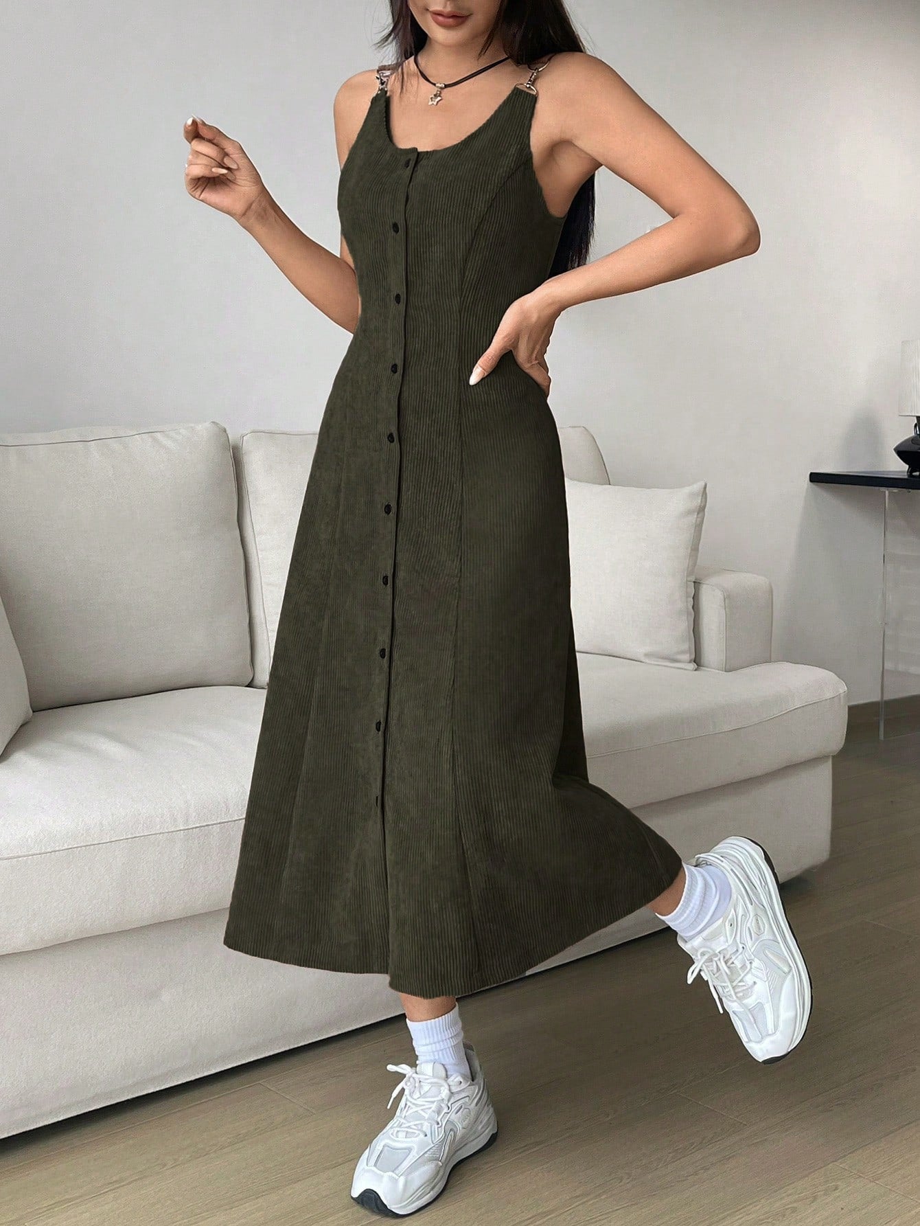 SHEIN EZwear Button Front Solid Corduroy Dress without sweater